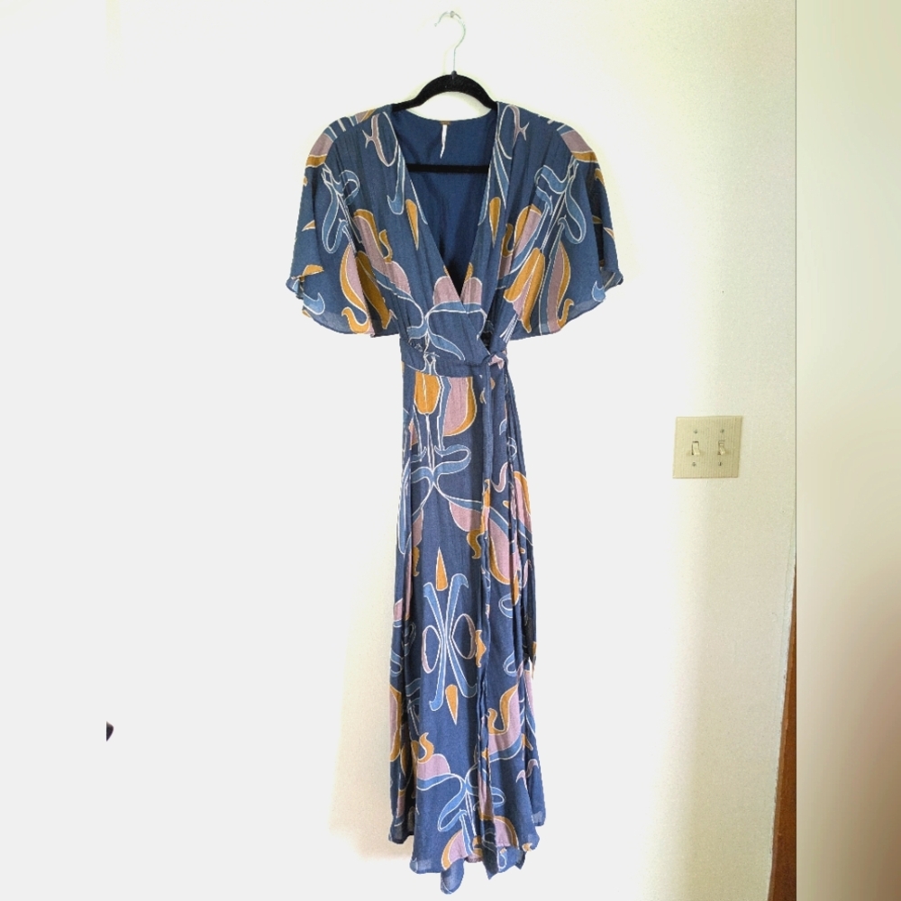 Free People Wrap Summer Flora Maxi Dress art deco muted pastel women's XS